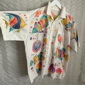 Vintage Batik Men’s Cotton Button Shirt w Tropical Fish & Shells Issey XL